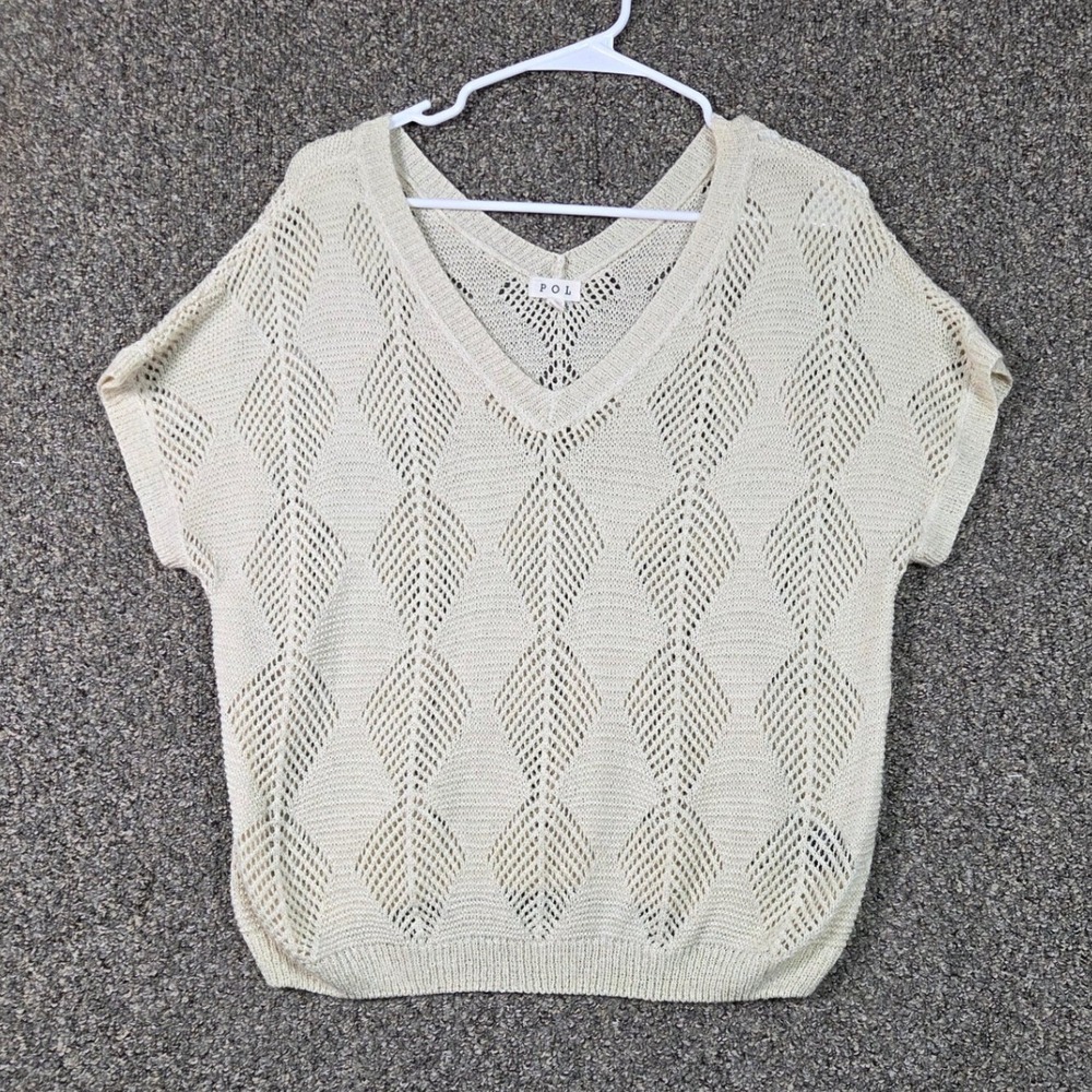 POL Short Sleeve Sweater Womens Size S Cream Diamond‎ Open Knit V-Neck HST61